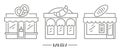 Bakery shop icons. Patisserie front with signboard. Pastry store. Facade of market. Outline vector set.