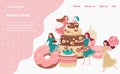 Bakery shop landing page with baked goods, cakes, donuts and pastries, cafe store tiny young girls vector flat template