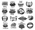 Bakery shop lettering logo, confectionery and desserts labels. Delicious handmade pastry, baking products packaging