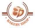 Bakery shop logo bread, rolling pin, butter, herbs. Round emblem bakery business. Homemade bread