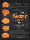 Bakery shop poster. Bread advertising. Sweet pastry on black chalkboard. Menu cover. Vertical banner template. Sesame Royalty Free Stock Photo