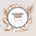 Bakery shop poster with fresh baked bread loaf, pretzel, croissant, bagel, cinnamon iced bun and wheat. Sketch style hand drawn de Royalty Free Stock Photo