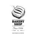 Bakery shop poster. Top view sweet pastry bun with strawberry or other berries jam. Hand drawn sketch style vector illustration is Royalty Free Stock Photo