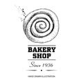 Bakery shop poster. Top view sweet pastry cinnamon bun. Hand drawn sketch style vector illustration isolated on white background.