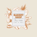 Bakery shop round banner. Hand drawn sketch style. Buns, loafs, baguette, rolls, spikes. Best for bakery shop designs and flyers.