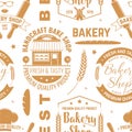 Bakery shop seamless pattern or background. Vector. Seamless bakery pattern with with rolling pin, bakehouse, wheat ears