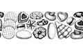 Bakery shop seamless pattern. Cookies background. Black cookies with almond, chocolate, jam, crackers, chips hand drawn