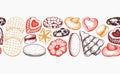 Bakery shop seamless pattern. Cookies background in color. Cookies with almond, chocolate, jam, crackers, chips hand drawn