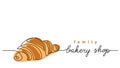 Bakery shop or store vector sign, banner, poster, background. One continuous line drawing of croissant with lettering