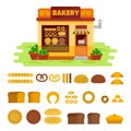 Bakery shop on the street with bread icon set , pastry vector flat illustration. Bun, loaf, bread, croissant, baguette Royalty Free Stock Photo