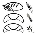 Bakery shop symbols. Black simple line icon of croissant, bread and spike grain. Royalty Free Stock Photo