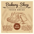 Bakery shop vector retro poster with hand drawn ears of wheat