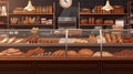 Bakery showcase with delicious fresh pastries, buns, bread, long loaf. Perarni or coffee shop counter with appetizing Royalty Free Stock Photo