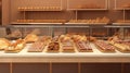 Bakery showcase with delicious fresh pastries, buns, bread, long loaf. Perarni or coffee shop counter with appetizing Royalty Free Stock Photo