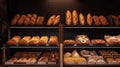 Bakery showcase with delicious fresh pastries, buns, bread, long loaf. Perarni or coffee shop counter with appetizing Royalty Free Stock Photo