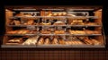 Bakery showcase with delicious fresh pastries, buns, bread, long loaf. Perarni or coffee shop counter with appetizing Royalty Free Stock Photo