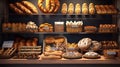 Bakery showcase with delicious fresh pastries, buns, bread, long loaf Royalty Free Stock Photo