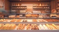 Bakery showcase with delicious fresh pastries, buns, bread, long loaf. Perarni or coffee shop counter with appetizing Royalty Free Stock Photo
