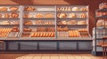 Bakery showcase with delicious fresh pastries, buns, bread, long loaf. Perarni or coffee shop counter with appetizing Royalty Free Stock Photo