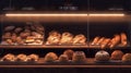 Bakery showcase with delicious fresh pastries, buns, bread, long loaf. Perarni or coffee shop counter with appetizing Royalty Free Stock Photo