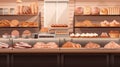 Bakery showcase with delicious fresh pastries, buns, bread, long loaf. Perarni or coffee shop counter with appetizing Royalty Free Stock Photo