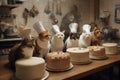 A bakery staffed entirely by cats, the cats are making a birthday cake. the cats are wearing chefs hats. Generative AI