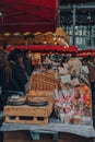 Bakery stall inside Borough Market, London, UK, selective focus