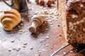 At the bakery, still life with mini Croissants, bread, milk, nuts and flour Royalty Free Stock Photo