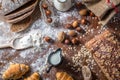 At the bakery, still life with mini Croissants, bread, milk, nuts and flour Royalty Free Stock Photo