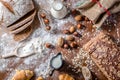 At the bakery, still life with mini Croissants, bread, milk, nuts and flour Royalty Free Stock Photo