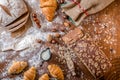 At the bakery, still life with mini Croissants, bread, milk, nuts and flour Royalty Free Stock Photo