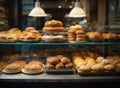 Bakery store showcase, different kinds of delicious fresh breads, cakes, buns and pastries in a baker shop cafe