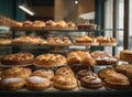 Bakery store showcase, different kinds of delicious fresh breads, cakes, buns and pastries in a baker shop cafe Royalty Free Stock Photo