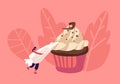 Bakery and Sweet Food Concept. Tiny Woman Decorate Huge Chocolate Cupcake with Cream in Pastry Bag. Muffin