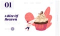 Bakery and Sweet Food Website Landing Page. Tiny Woman Decorate Huge Chocolate Cupcake with Cream in Pastry Bag