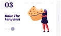 Bakery and Sweet Food Website Landing Page. Tiny Woman Holding Huge Cupcake with Chocolate Sprinkles