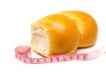 Bakery and tailors centimeter on white background. Diet and weight loss concept photo. Sweet bread buns as fat buttocks