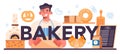 Bakery typographic header. Chef in the uniform baking bread. Baking pastry