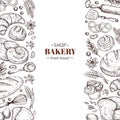 Bakery vector retro background with hand drawn doodle bread