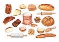 Bakery of wheat flour product. Bread, loaf of rye and french baguette, cookie, cake, cupcake, buns, croissant and marble Royalty Free Stock Photo