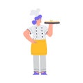 Bakery with Woman Baker Character in Uniform Hold Tray with Pizza Vector Illustration