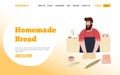 Bakeshop landing page template design with flat style character. Man kneads dough and bakes bread. Cartoon concept vector