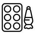 Bakeware and piping bag icon outline vector. Kitchenware pastry tools