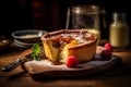 Bakewell pudding served with finesse on a rustic wooden table. Royalty Free Stock Photo