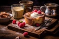 Bakewell pudding served with finesse on a rustic wooden table. Royalty Free Stock Photo