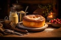 Bakewell pudding served with finesse on a rustic wooden table. Royalty Free Stock Photo