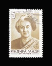 Bakhmut, Ukraine, February, 2020. Postage stamp with a portrait of Indira Gandhi