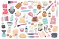 Collection of simple hand drawn vector illustrated doodles of baking tools, ingredients and elements.