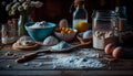 Baking background banner. bread preparation Ingredients variety for cooking dough on a dark rustic table. Top view, flat