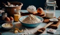 Baking background banner. bread preparation Ingredients variety for cooking dough on a dark rustic table. Top view, flat